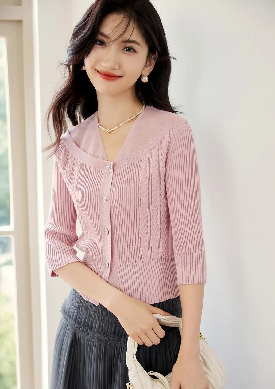 MESH STITCH PINK KNIT CARDIGAN