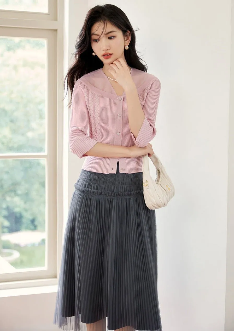 MESH STITCH PINK KNIT CARDIGAN