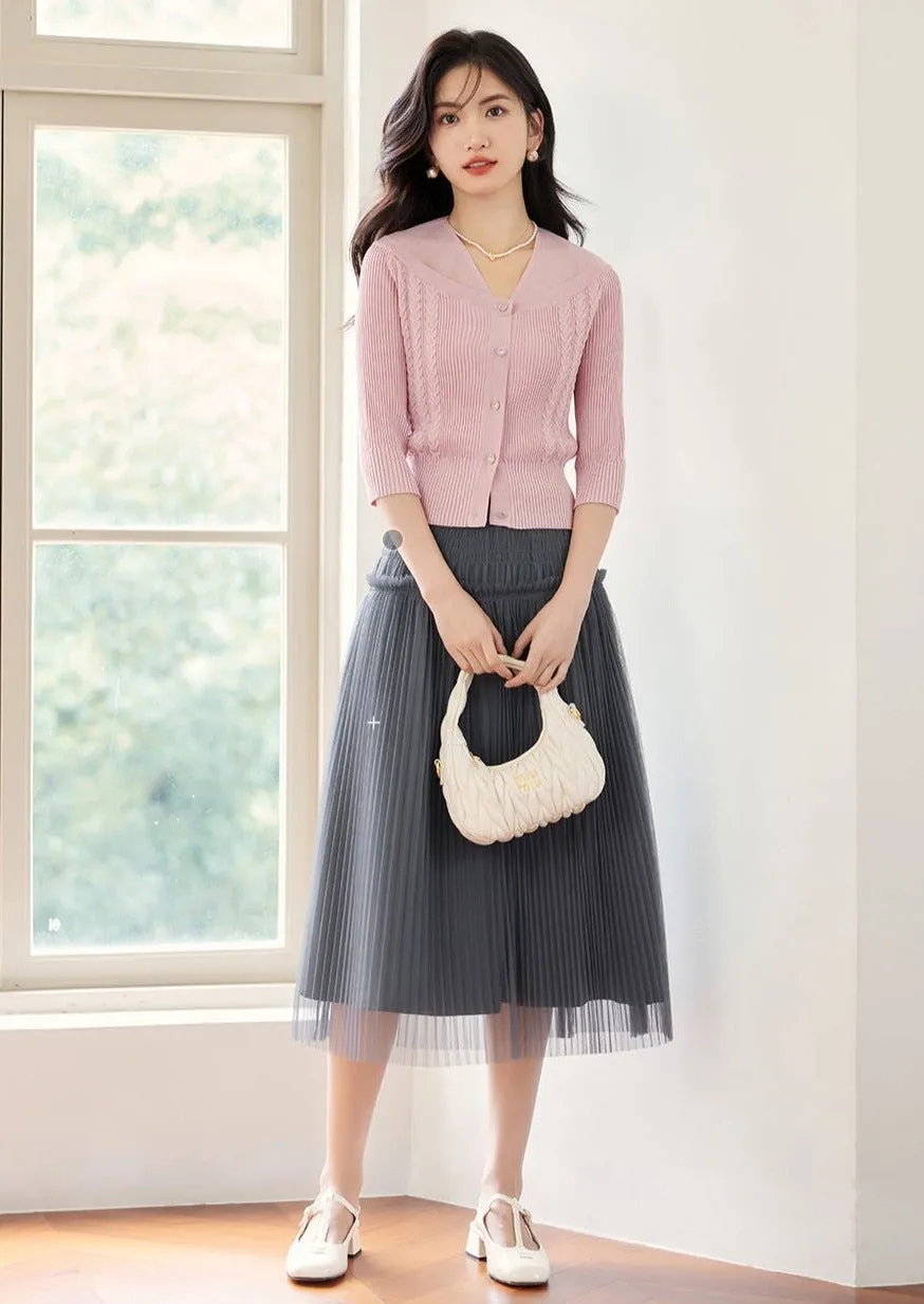 MESH STITCH PINK KNIT CARDIGAN