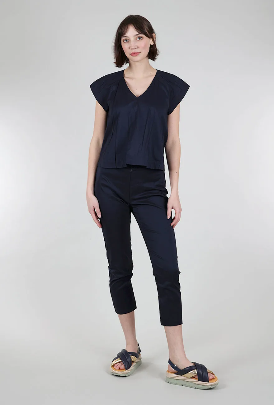 Micropleat Shoulder V-Neck Blouse, Indigo