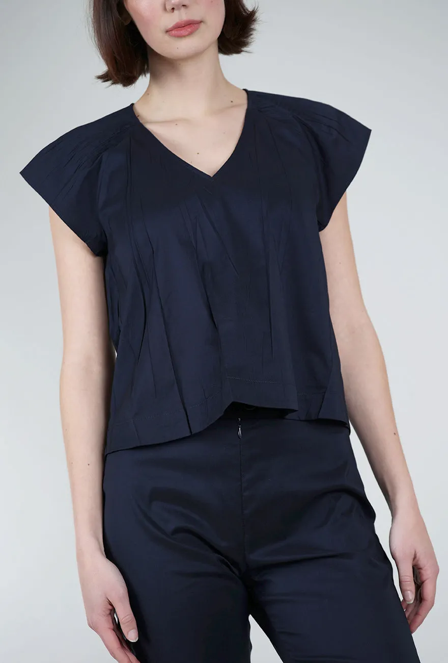 Micropleat Shoulder V-Neck Blouse, Indigo