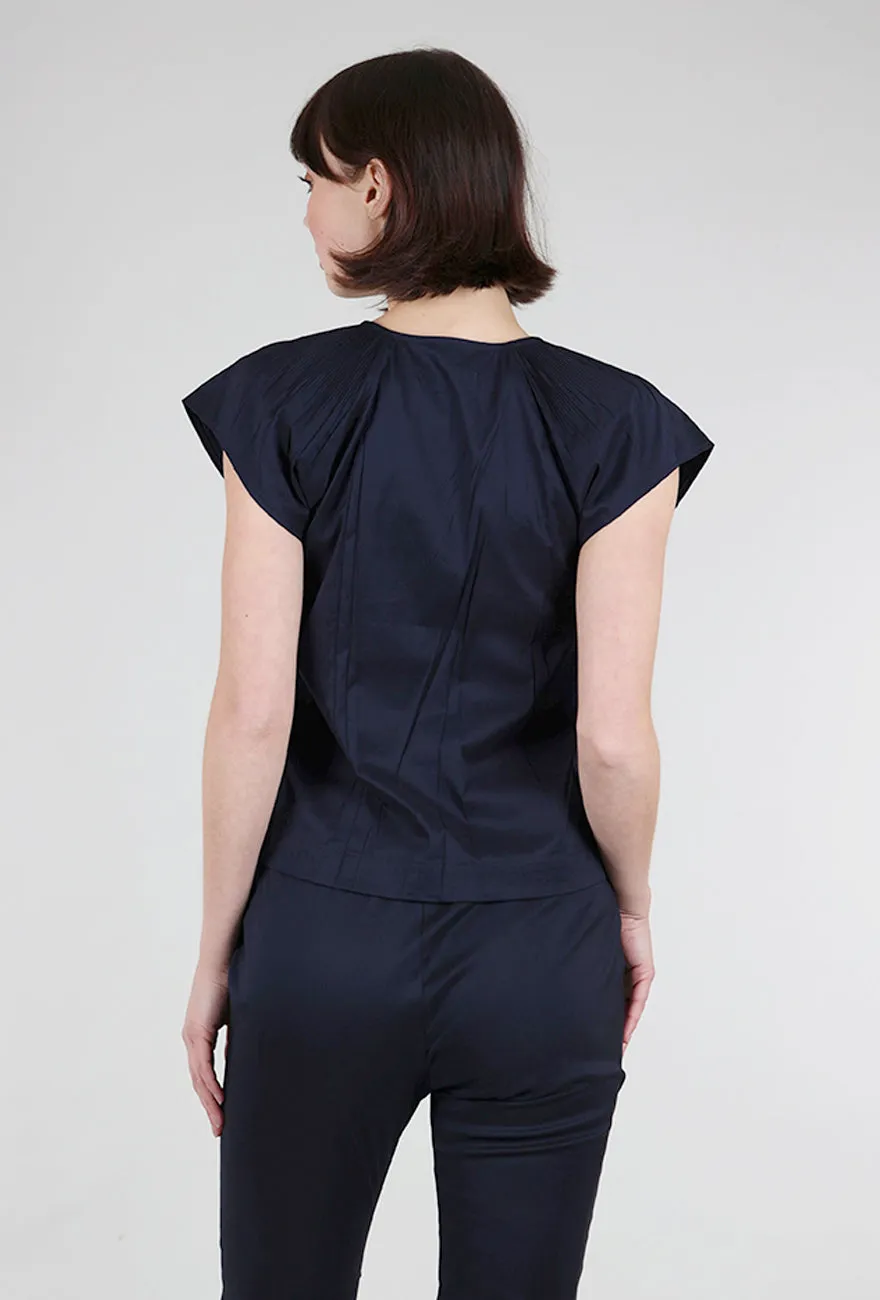 Micropleat Shoulder V-Neck Blouse, Indigo