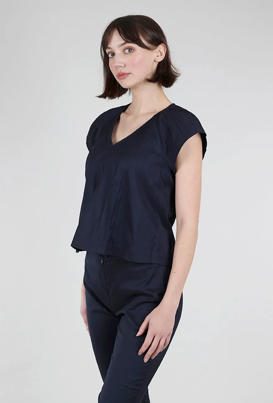 Micropleat Shoulder V-Neck Blouse, Indigo
