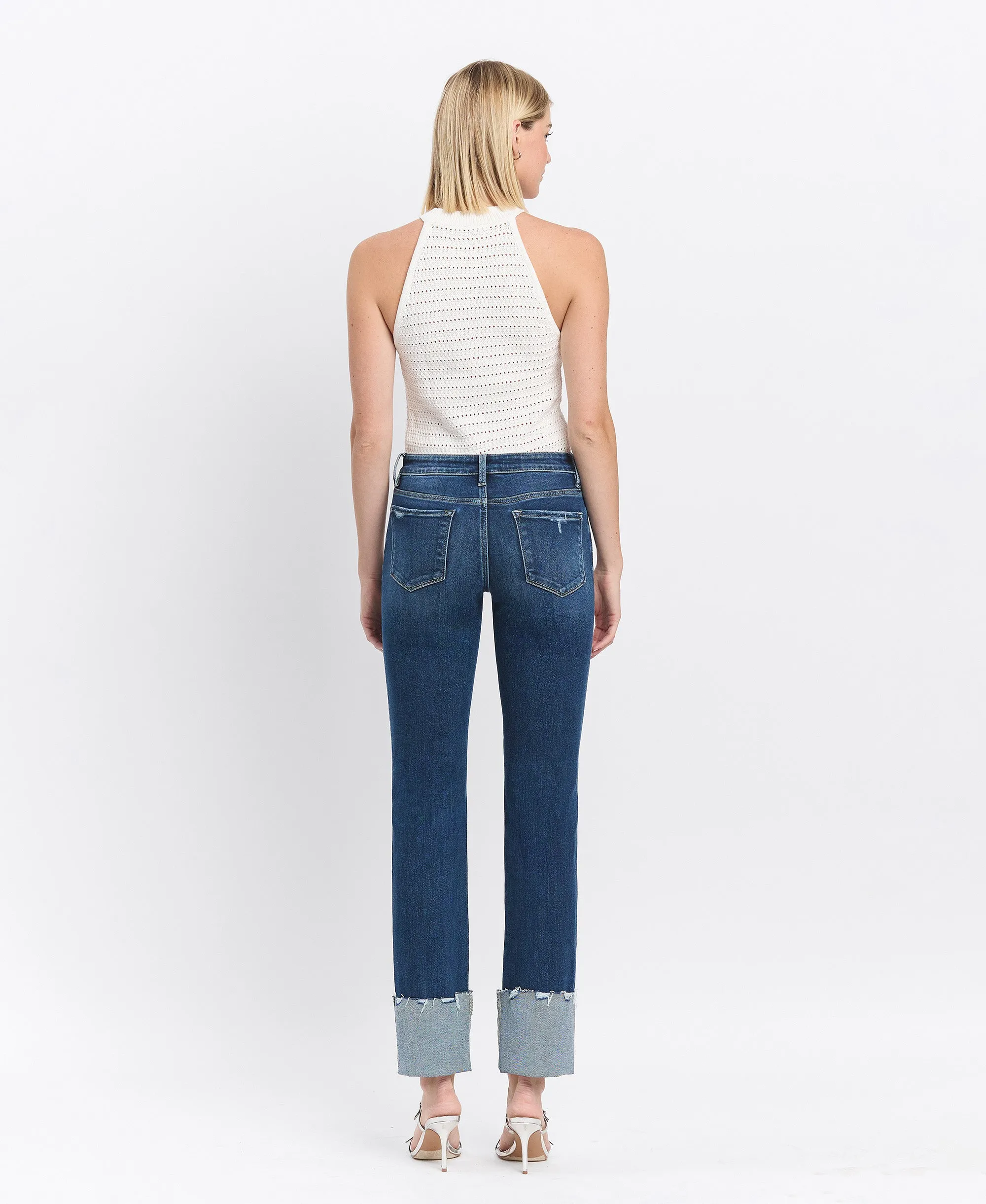 Mid Rise Cuffed Slim Straight Jeans
