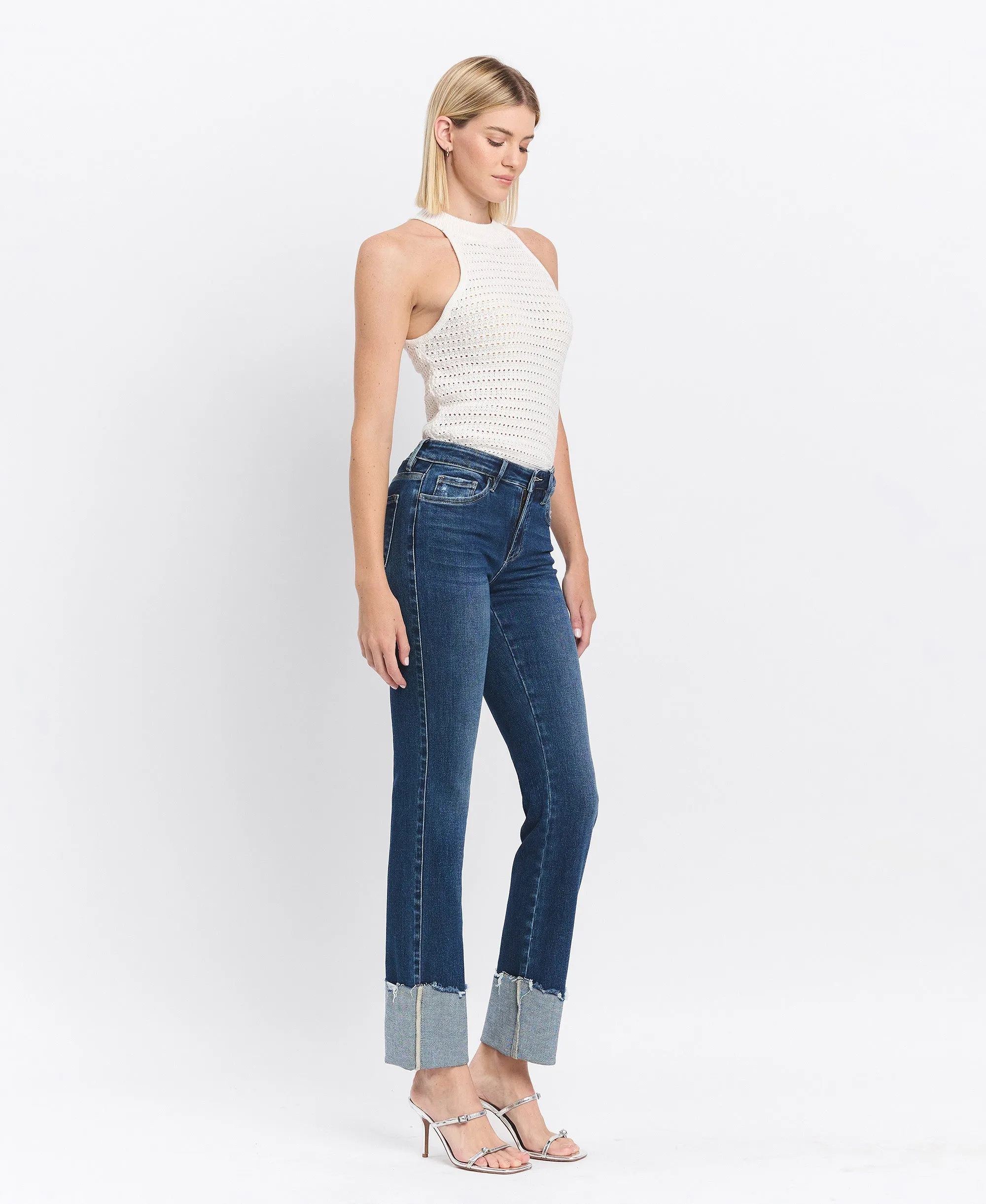 Mid Rise Cuffed Slim Straight Jeans