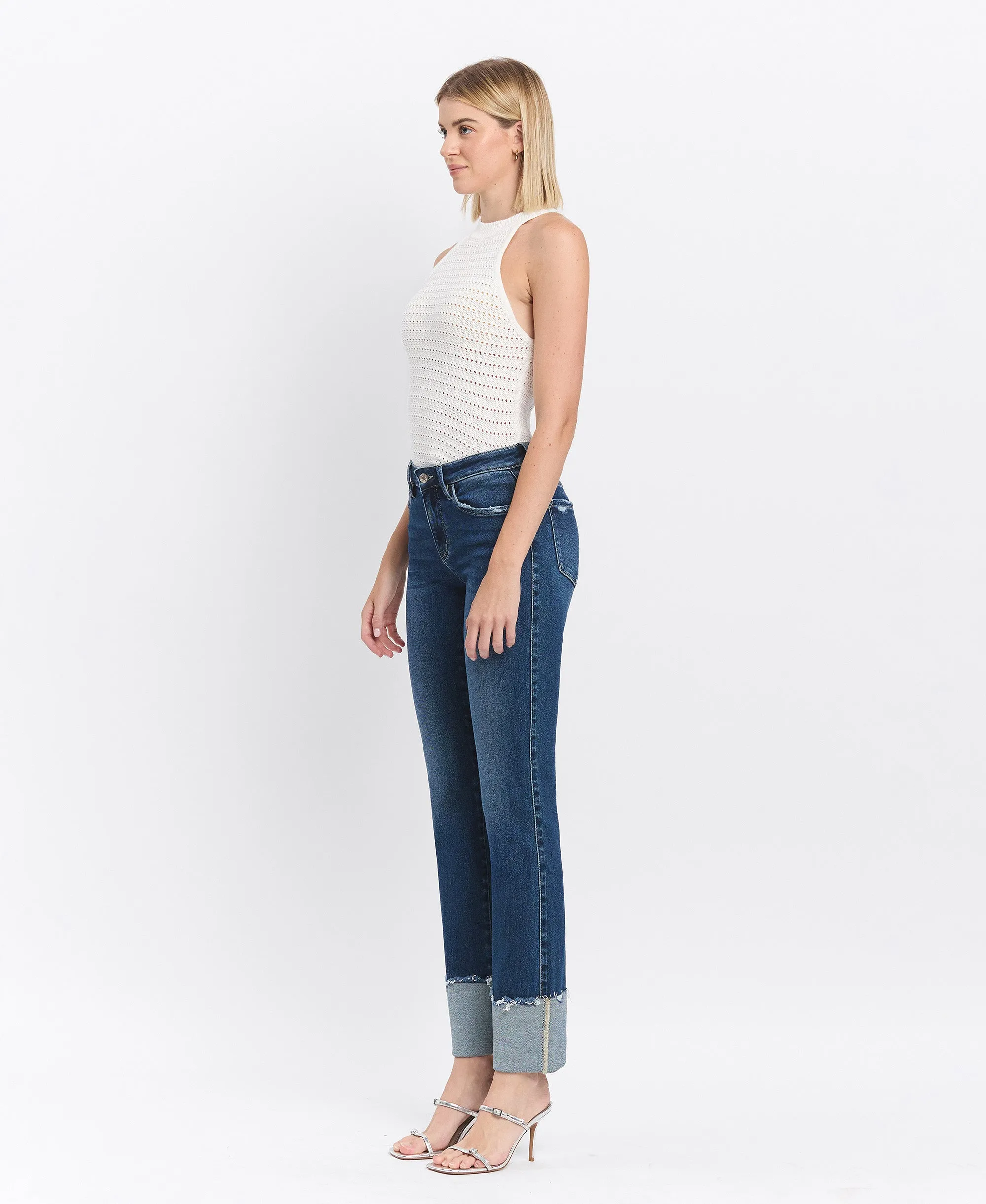 Mid Rise Cuffed Slim Straight Jeans