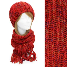 Multi-Colored Cold Weather Fashion Knitted Scarf & Beanie Hat 2 Pieces Set Red
