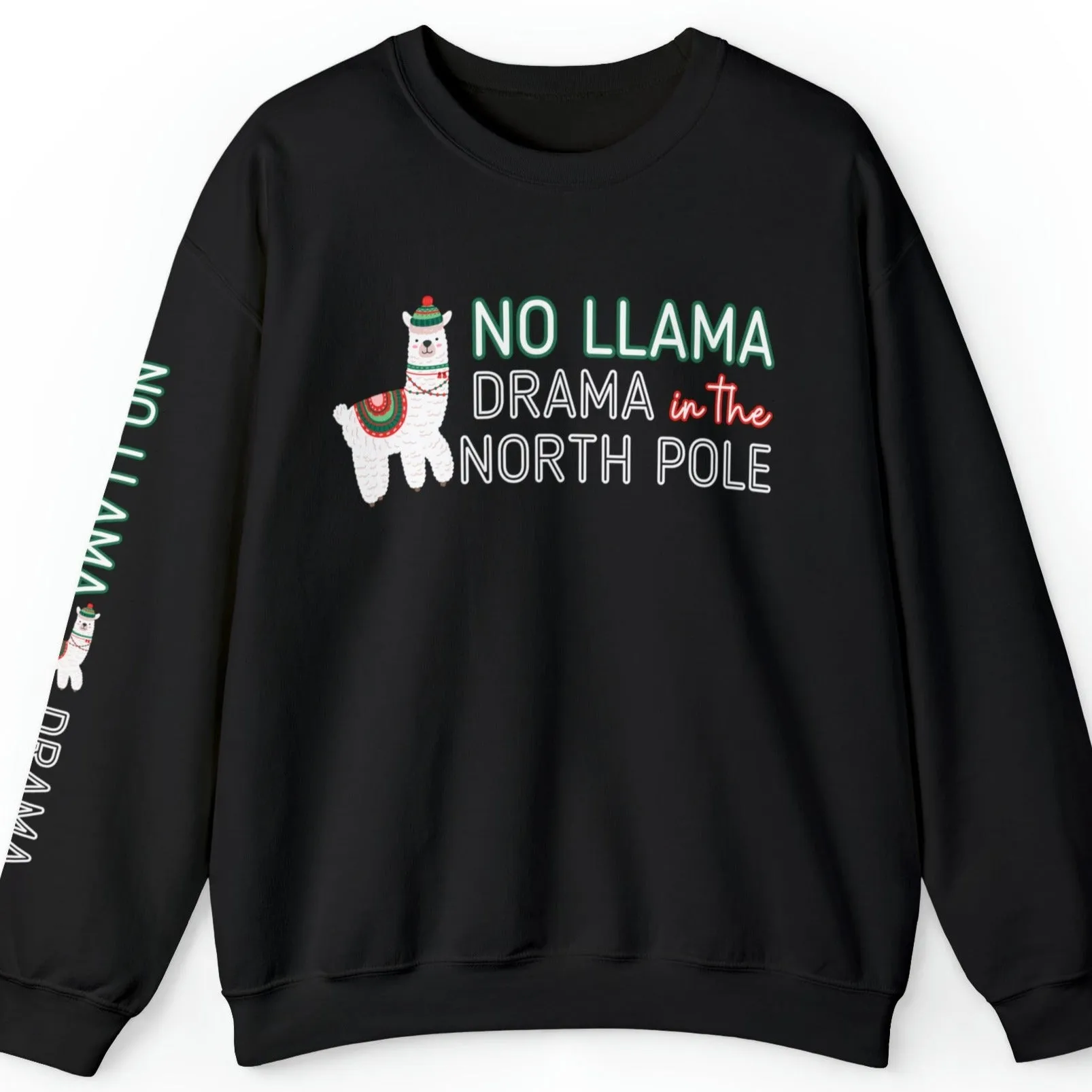 No Llama Drama in the North Pole: Christmas Llama Women's Sweatshirt with Unique Arm Detail