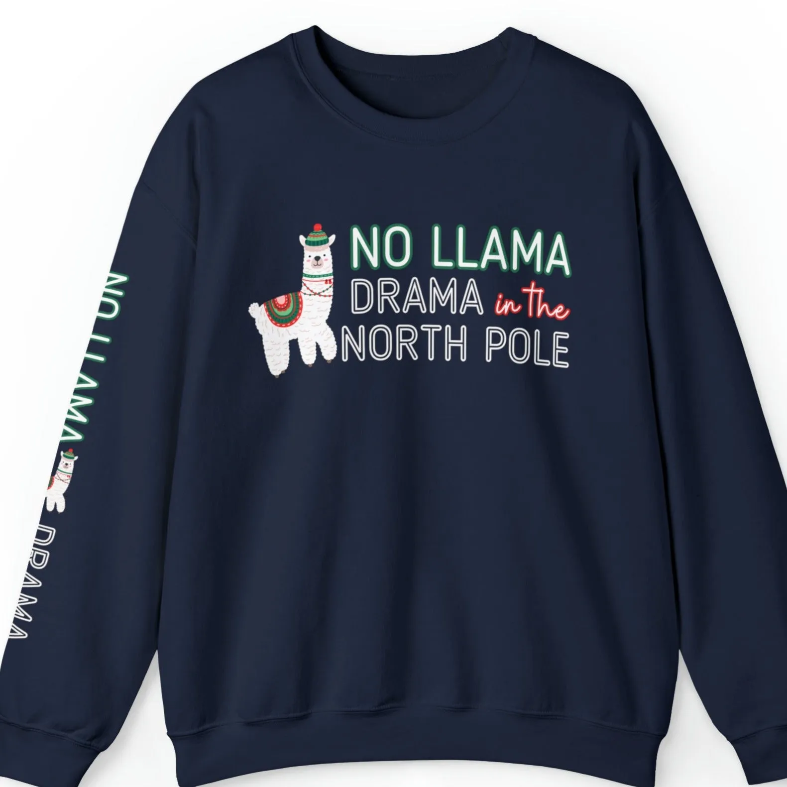No Llama Drama in the North Pole: Christmas Llama Women's Sweatshirt with Unique Arm Detail