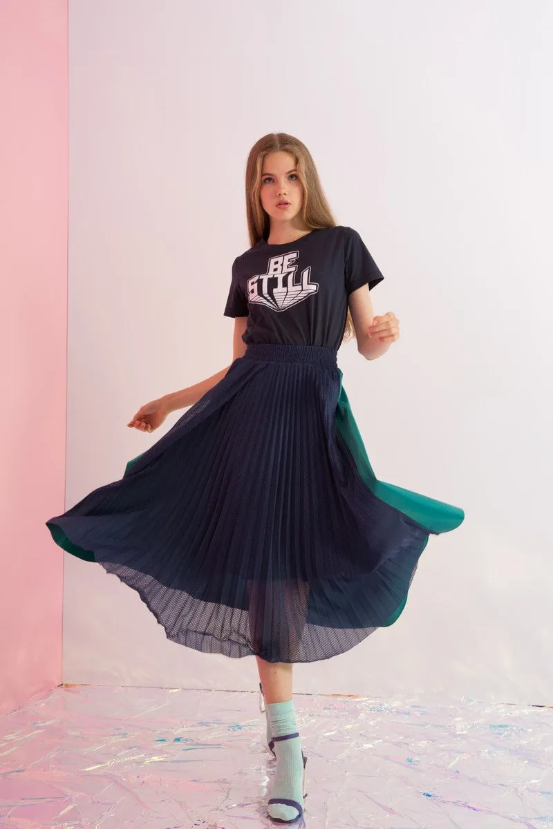 Pleated Mesh Paneled Maxi Skirt