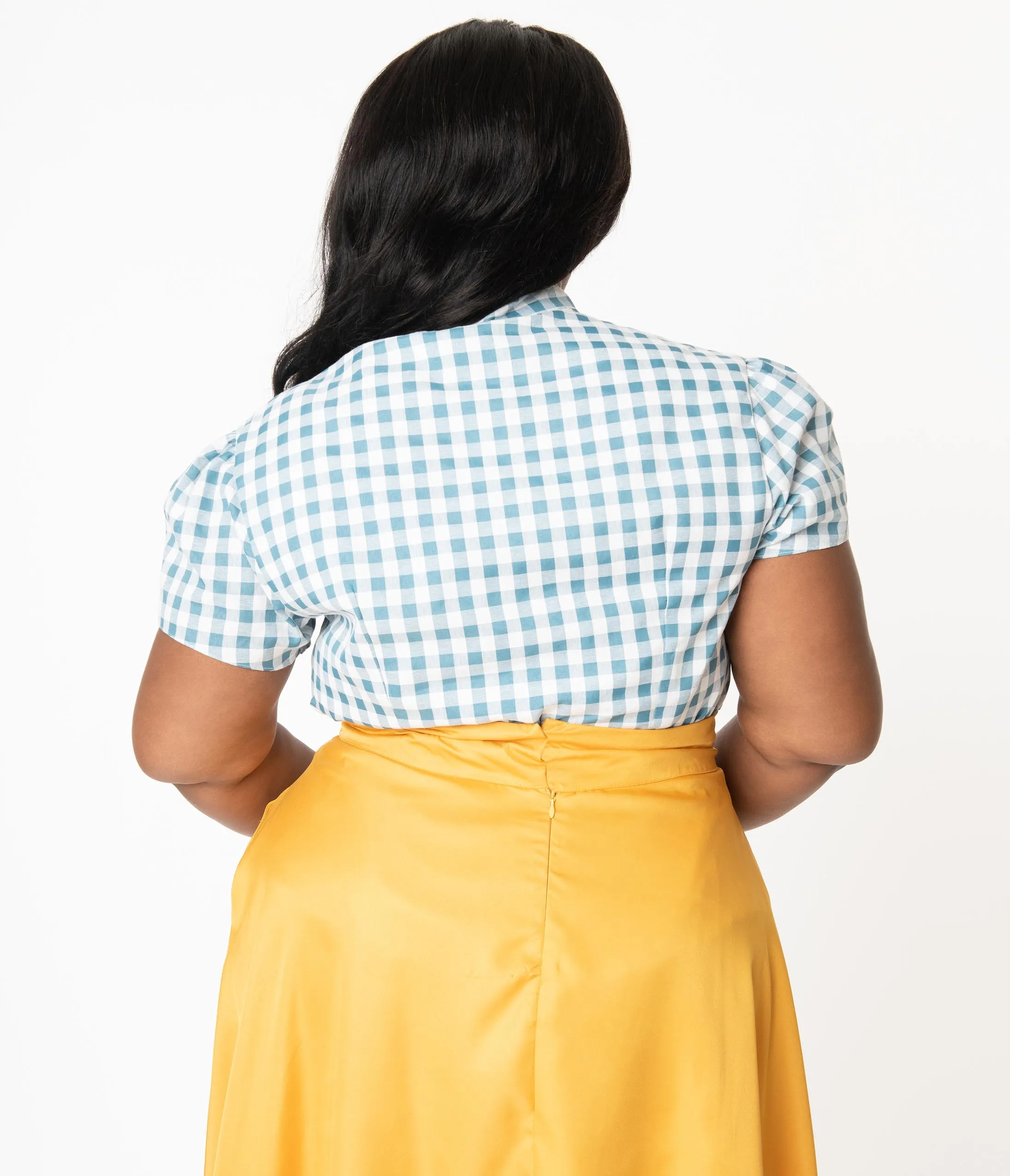 Plus Size Dusty Blue & White Gingham Bow Blouse