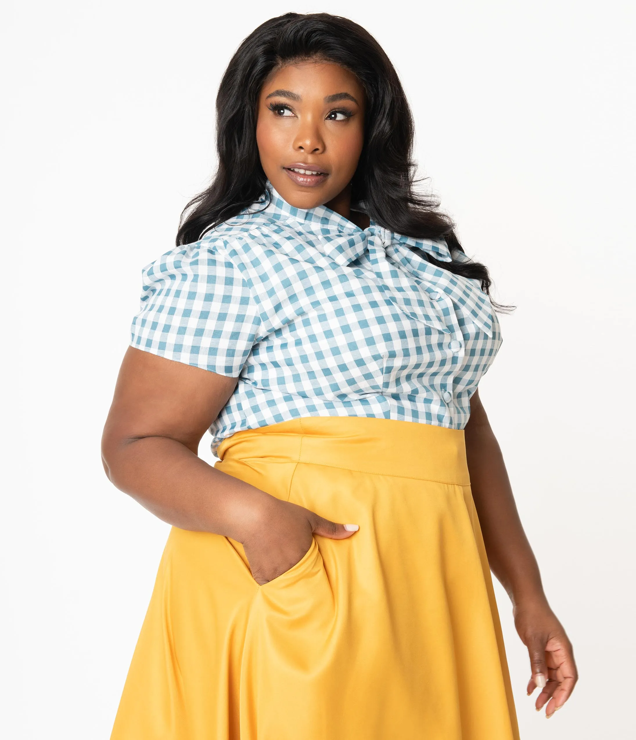 Plus Size Dusty Blue & White Gingham Bow Blouse