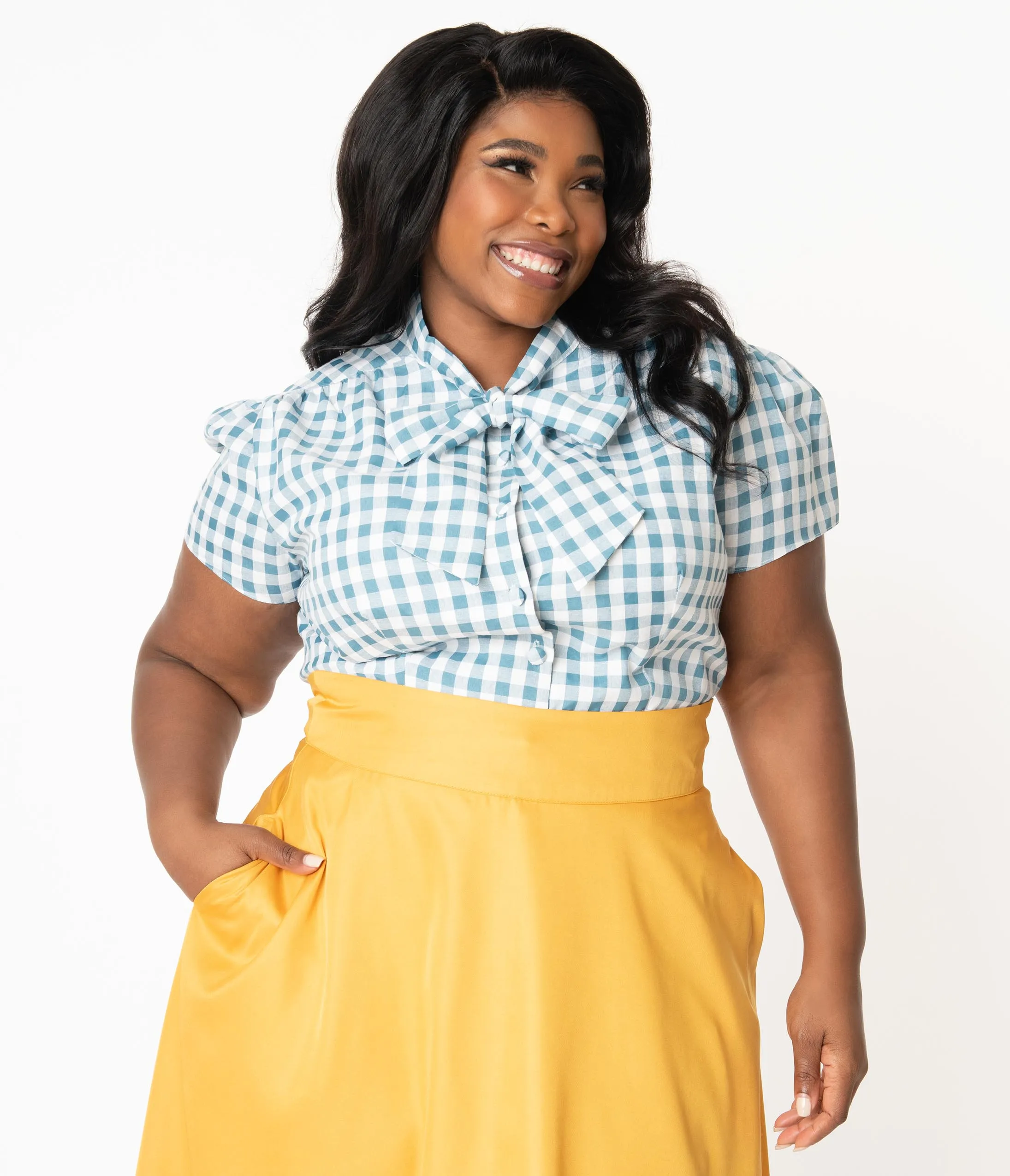 Plus Size Dusty Blue & White Gingham Bow Blouse