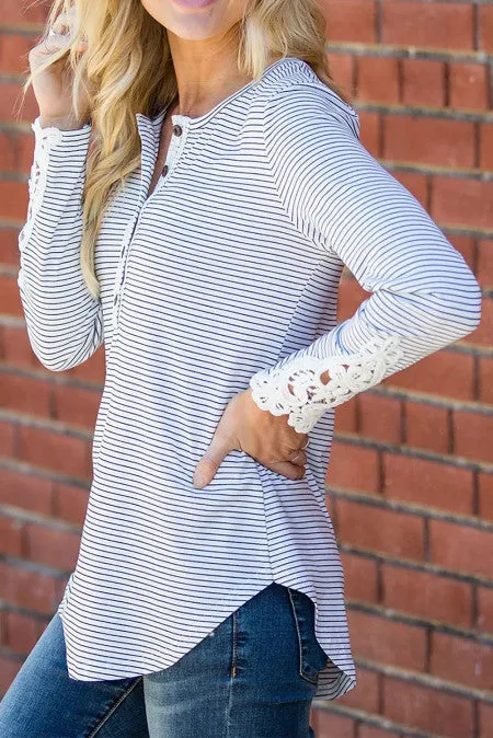 Round Neck Lace-cut Stripe Long Sleeve Top