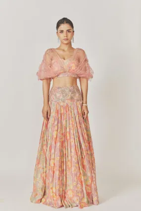 Roushed Net Crop Top, Muslin Silk Gathered Lehenga
