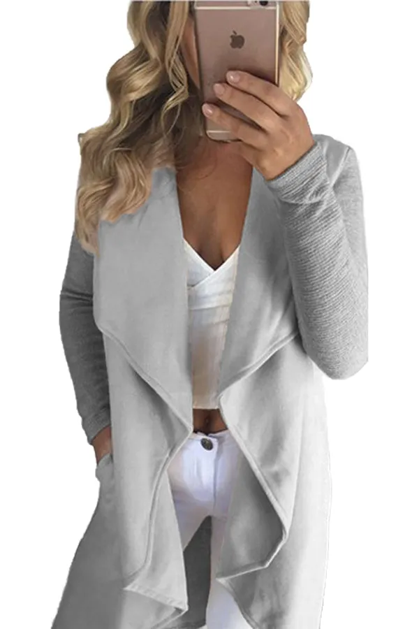 Sexy Grey Lapel Collar Irregular Hem Knit Trench Coat