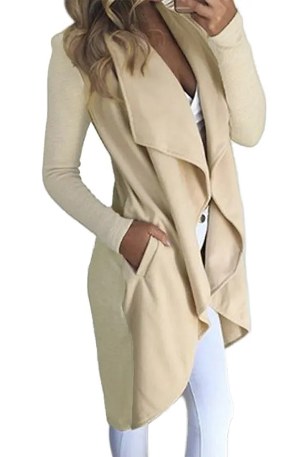 Sexy Khaki Lapel Collar Irregular Hem Knit Trench Coat