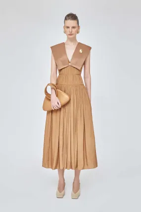 Shawl collar sleeveless elastic deep v neck pleated waist drape brown dress - Harp