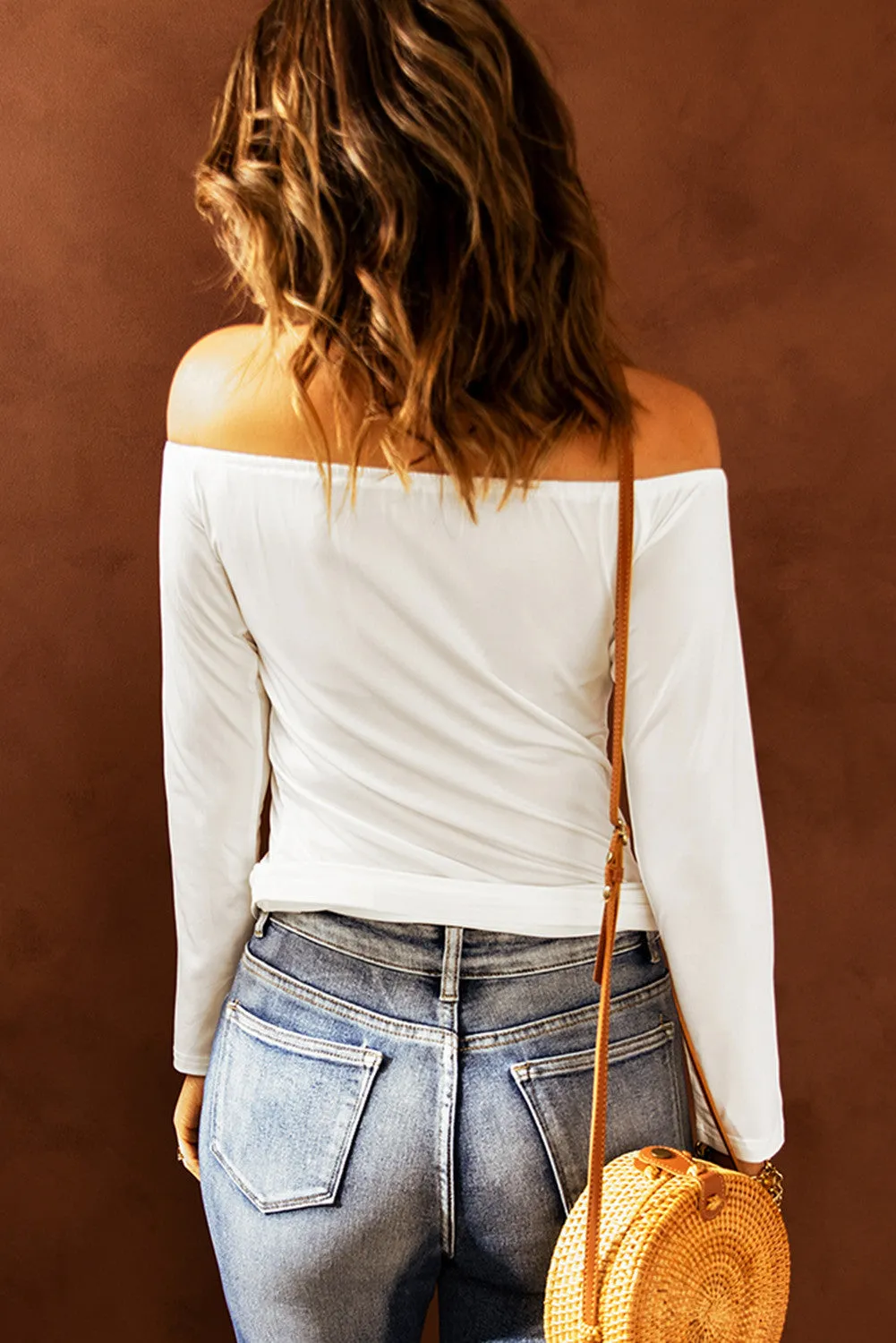 Solid Color Off Shoulder Slim Fit Long Sleeve Top