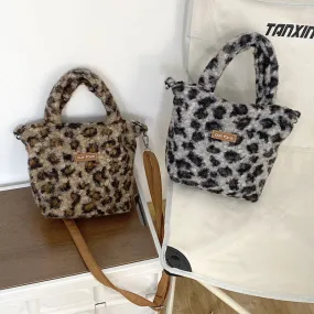 UAKISS  -  Autumn Winter Fashion Plush Leopard Print Handbag Canvas Shoulder Bag Adjustable Crossbody Bags With Zipper