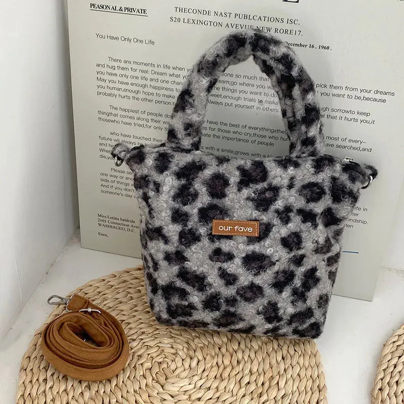 UAKISS  -  Autumn Winter Fashion Plush Leopard Print Handbag Canvas Shoulder Bag Adjustable Crossbody Bags With Zipper