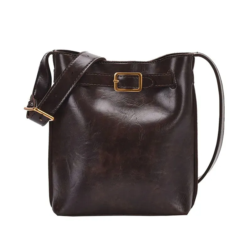 UAKISS  -  Belt Design Pu Leather Shoulder Bags for Women 2024 Winter Fashion Small Handbags and Purses Bucket Crossbody Bag