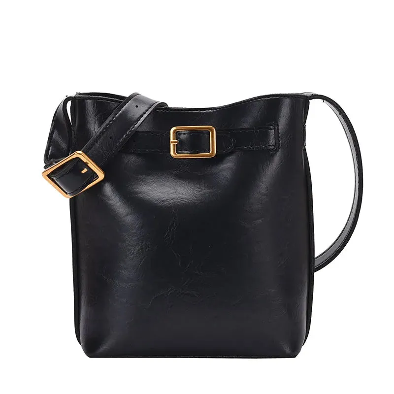 UAKISS  -  Belt Design Pu Leather Shoulder Bags for Women 2024 Winter Fashion Small Handbags and Purses Bucket Crossbody Bag