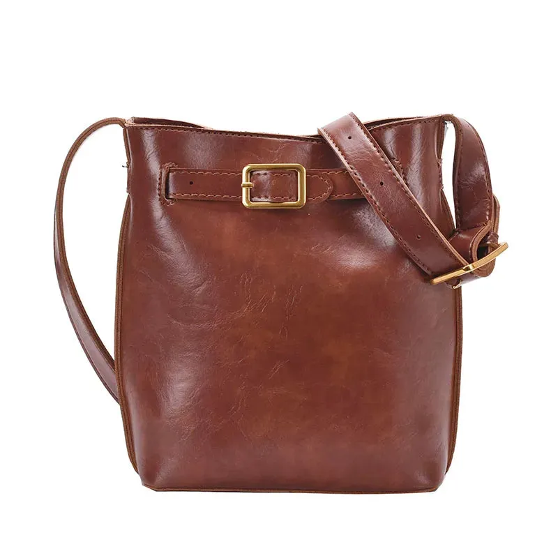 UAKISS  -  Belt Design Pu Leather Shoulder Bags for Women 2024 Winter Fashion Small Handbags and Purses Bucket Crossbody Bag