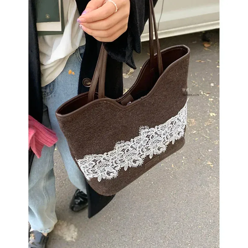 UAKISS  -  Korean Niche Canvas Bag for Women Autumn Winter Fashion Large Capacity Shoulder Versatile Commuting Tote Bags