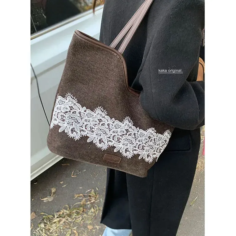 UAKISS  -  Korean Niche Canvas Bag for Women Autumn Winter Fashion Large Capacity Shoulder Versatile Commuting Tote Bags