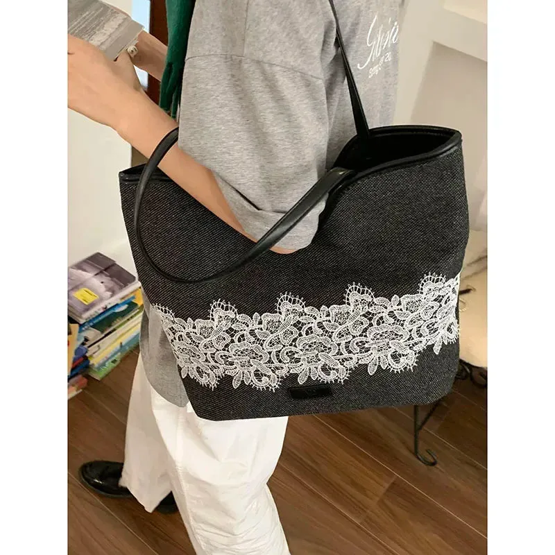 UAKISS  -  Korean Niche Canvas Bag for Women Autumn Winter Fashion Large Capacity Shoulder Versatile Commuting Tote Bags