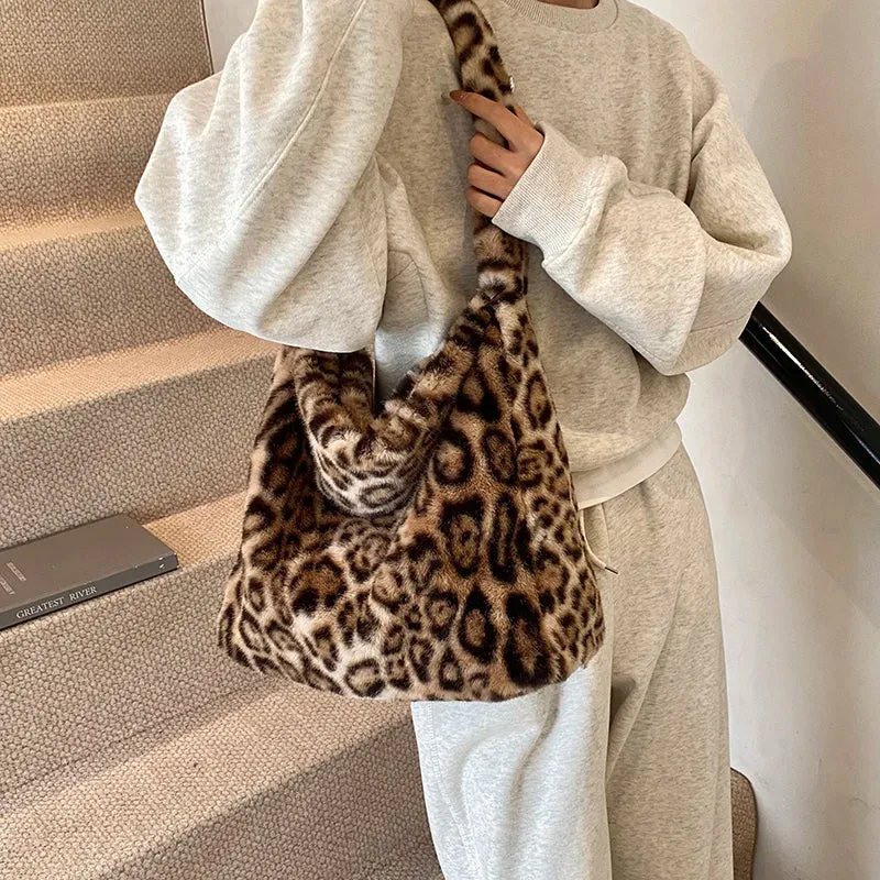 UAKISS  -  Large Leopard Faux Fur Shoulder Bags for Women 2024 Y2K Winter Fashion Crossbody Bag New Trends Females Luxury Handbags