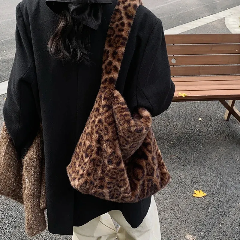 UAKISS  -  Large Leopard Faux Fur Shoulder Bags for Women 2024 Y2K Winter Fashion Crossbody Bag New Trends Females Luxury Handbags