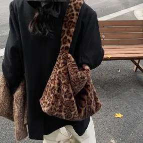 UAKISS  -  Large Leopard Faux Fur Shoulder Bags for Women 2024 Y2K Winter Fashion Crossbody Bag New Trends Females Luxury Handbags