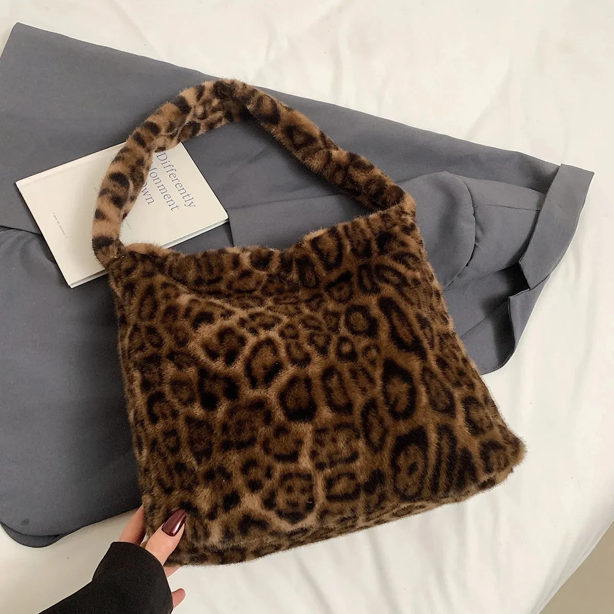 UAKISS  -  Large Leopard Faux Fur Shoulder Bags for Women 2024 Y2K Winter Fashion Crossbody Bag New Trends Females Luxury Handbags