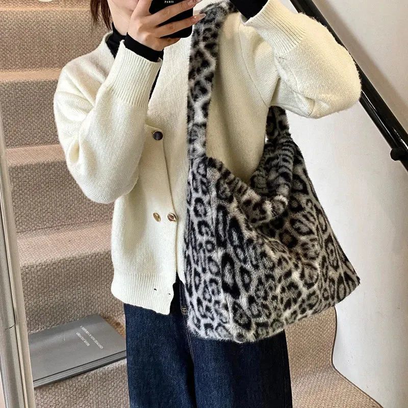 UAKISS  -  Large Leopard Faux Fur Shoulder Bags for Women 2024 Y2K Winter Fashion Crossbody Bag New Trends Females Luxury Handbags