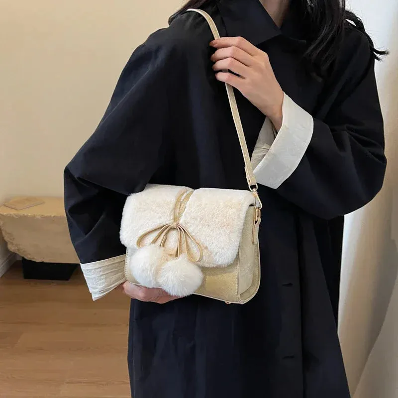 UAKISS  -  Small Faux Fur Leather Crossbody Bags for Women New 2023 Trend Winter Fashion Simple Flap Bag Handbags and Purses