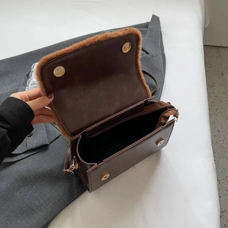 UAKISS  -  Small Faux Fur Leather Crossbody Bags for Women New 2023 Trend Winter Fashion Simple Flap Bag Handbags and Purses