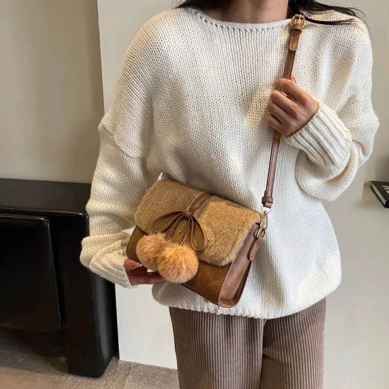 UAKISS  -  Small Faux Fur Leather Crossbody Bags for Women New 2023 Trend Winter Fashion Simple Flap Bag Handbags and Purses