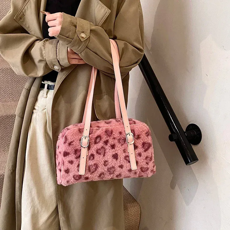 UAKISS  -  Small Leopard Faux Fur Bags for Women 2024 Y2K Winter Fashion Soft Shoulder Bags New Females Luxury Handbags and Purses