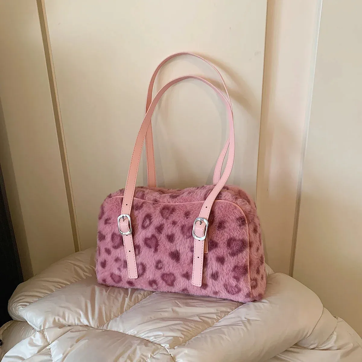 UAKISS  -  Small Leopard Faux Fur Bags for Women 2024 Y2K Winter Fashion Soft Shoulder Bags New Females Luxury Handbags and Purses