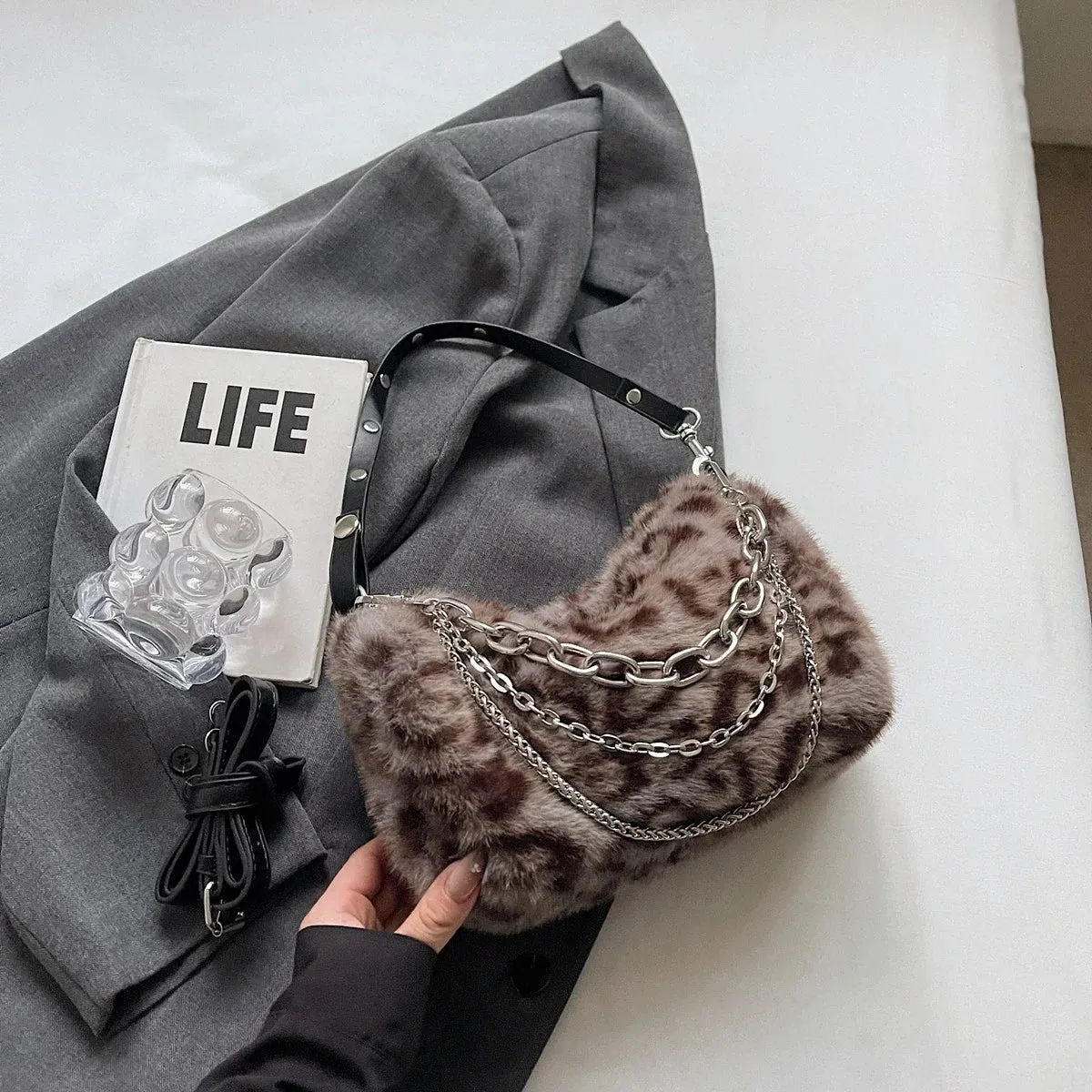 UAKISS  -  Small Leopard Faux Fur Shoulder Bags for Women 2024 Y2K Winter Fashion Crossbody Bags New Females Luxury Handbags