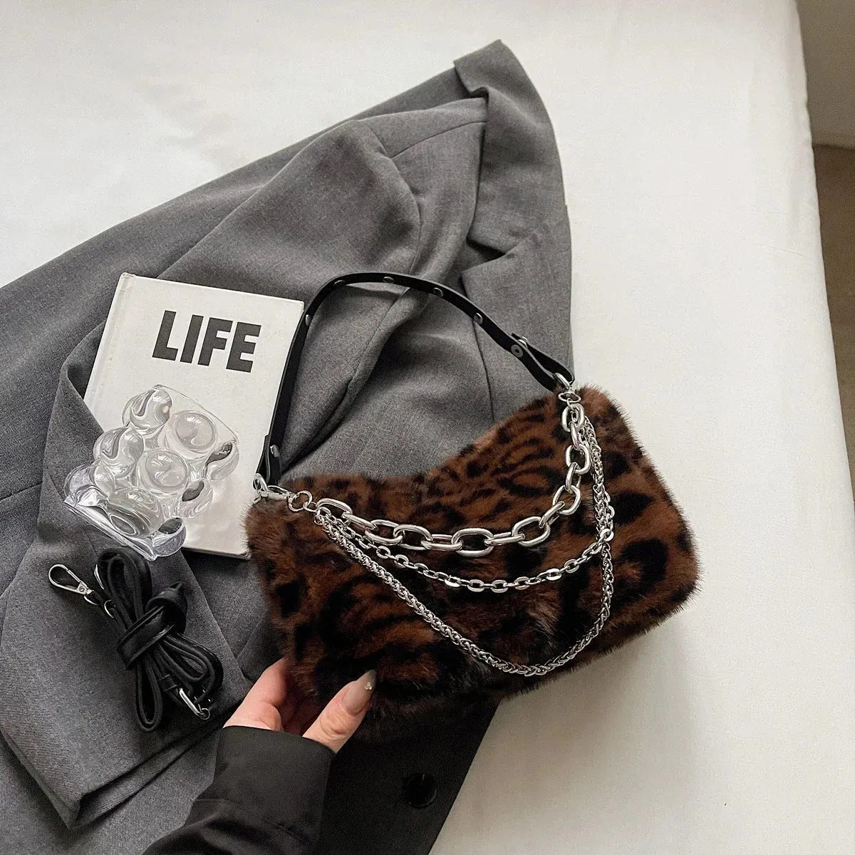 UAKISS  -  Small Leopard Faux Fur Shoulder Bags for Women 2024 Y2K Winter Fashion Crossbody Bags New Females Luxury Handbags