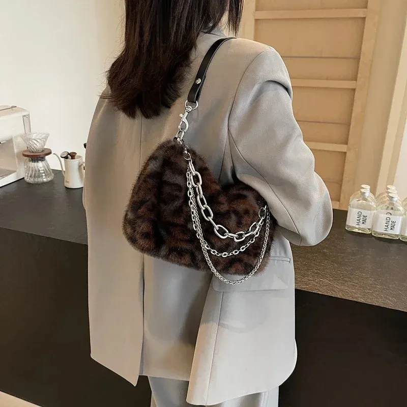 UAKISS  -  Small Leopard Faux Fur Shoulder Bags for Women 2024 Y2K Winter Fashion Crossbody Bags New Females Luxury Handbags