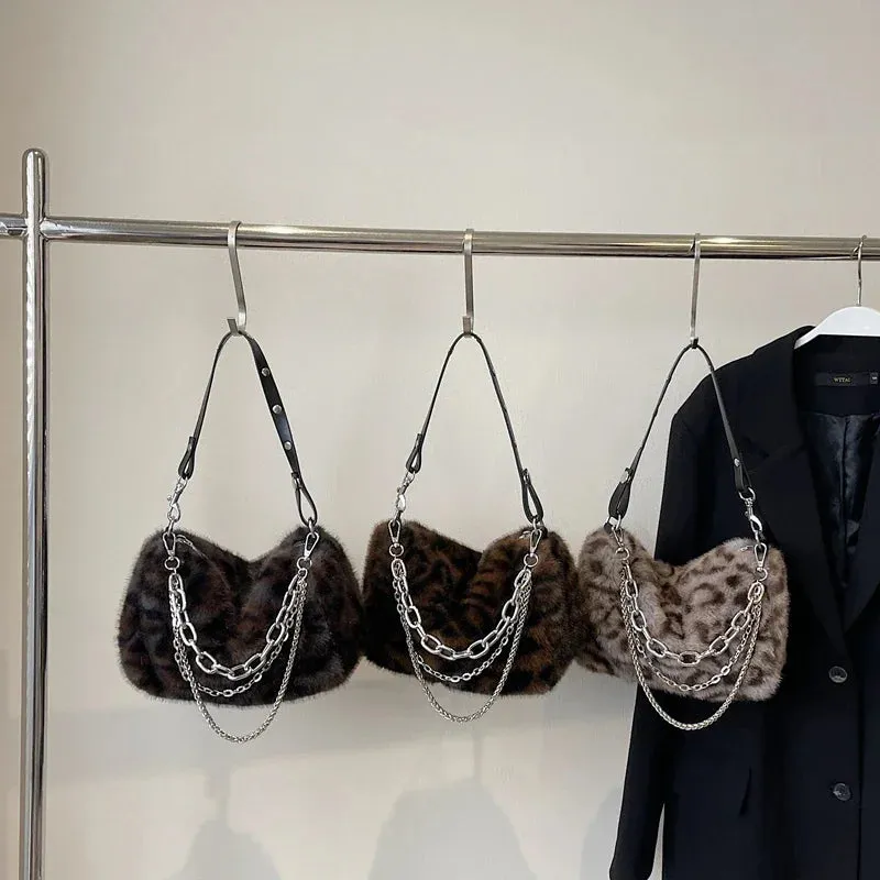 UAKISS  -  Small Leopard Faux Fur Shoulder Bags for Women 2024 Y2K Winter Fashion Crossbody Bags New Females Luxury Handbags