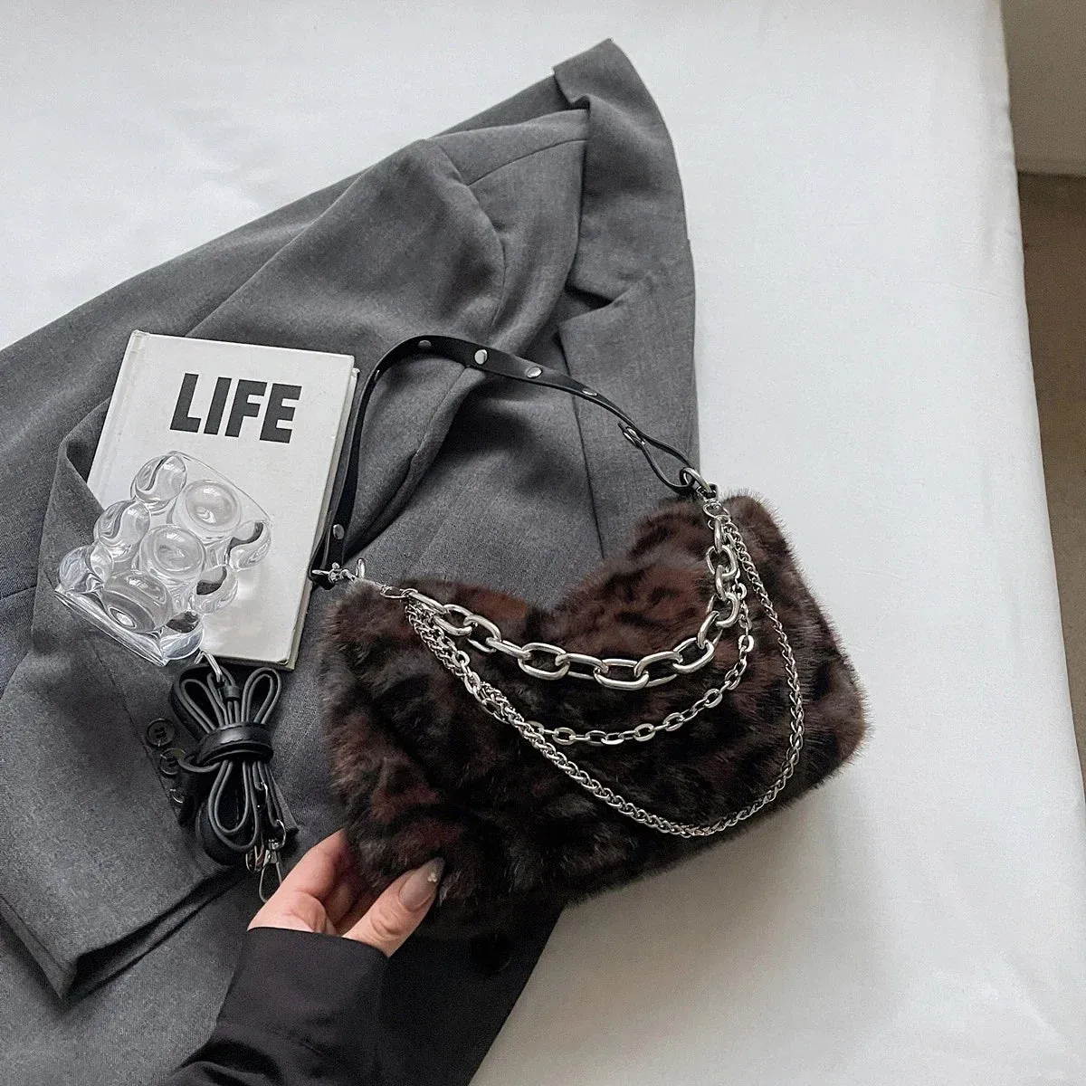 UAKISS  -  Small Leopard Faux Fur Shoulder Bags for Women 2024 Y2K Winter Fashion Crossbody Bags New Females Luxury Handbags