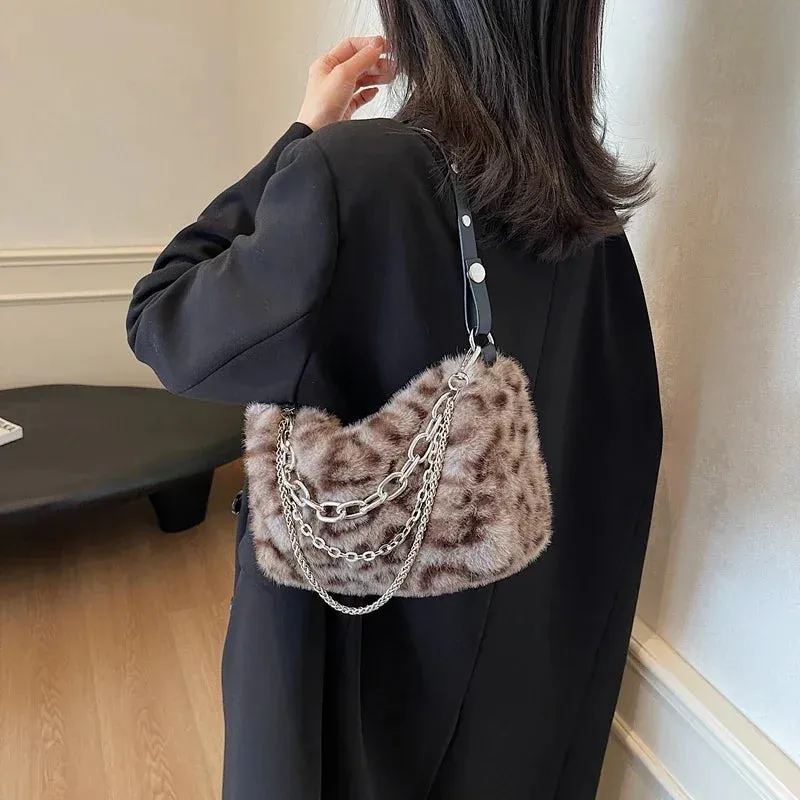 UAKISS  -  Small Leopard Faux Fur Shoulder Bags for Women 2024 Y2K Winter Fashion Crossbody Bags New Females Luxury Handbags
