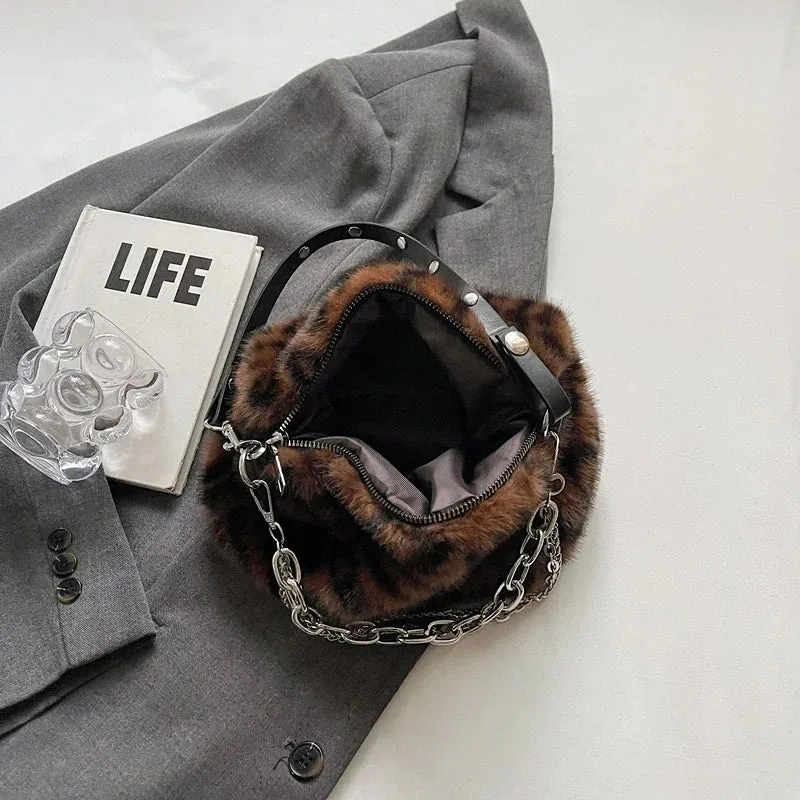 UAKISS  -  Small Leopard Faux Fur Shoulder Bags for Women 2024 Y2K Winter Fashion Crossbody Bags New Females Luxury Handbags