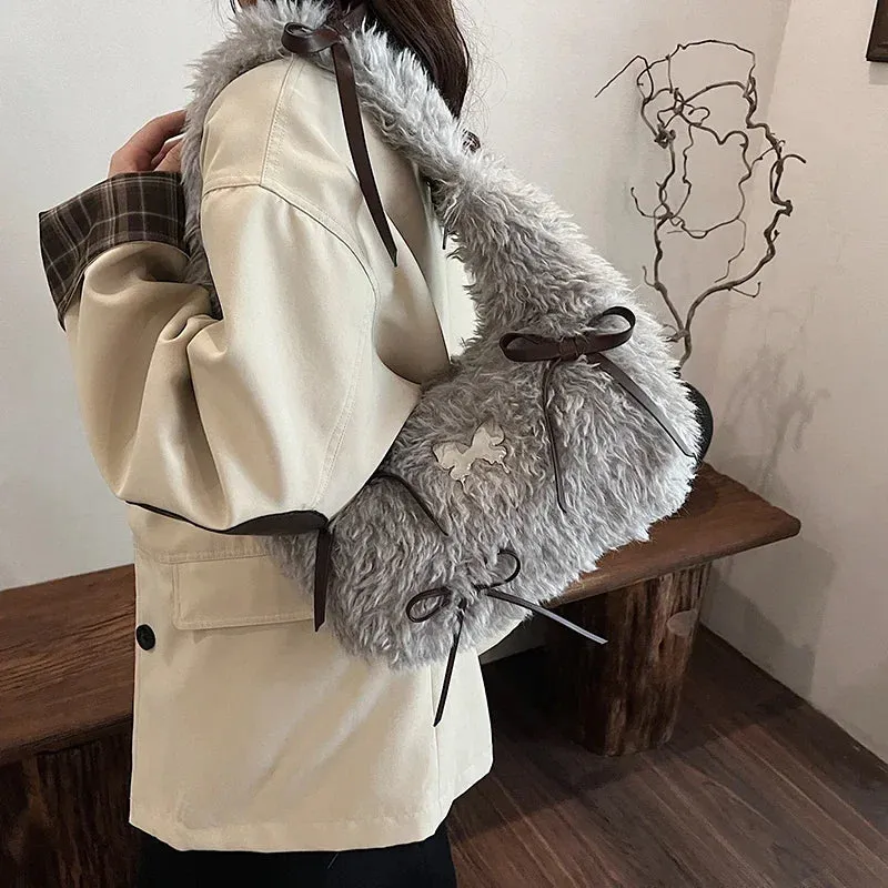 UAKISS  -  Solid Color Faux Fur Underarm Bags for Women 2025 Y2K Winter Fashion Shoulder Bags Females Luxury Handbags and Purses