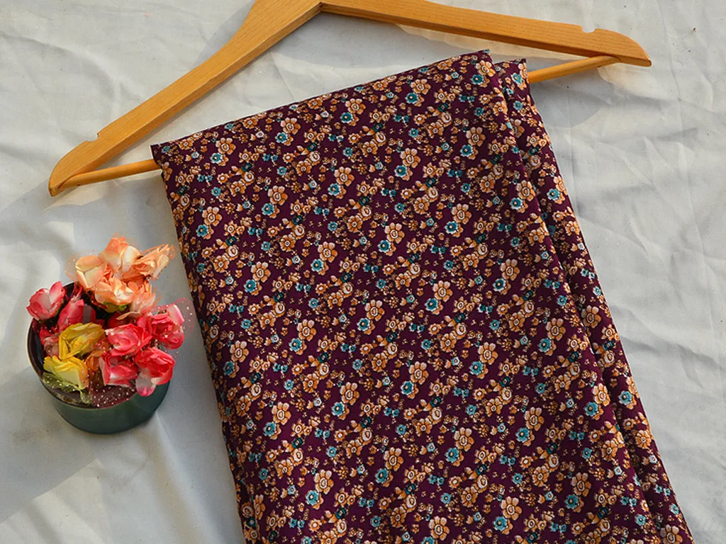Violet & Cream Floral Digital Printed Premium Crepe Fabric